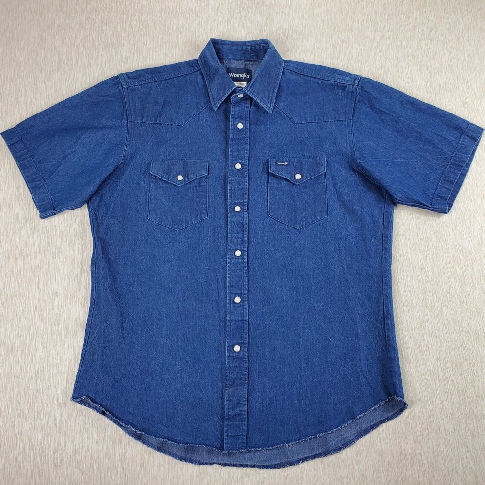 Wrangler Shirt Men's Large Blue Denim Short Sleeve Western Pearl Snap Pockets